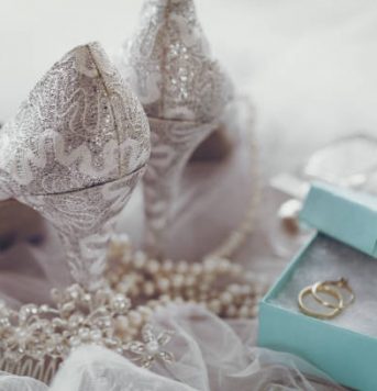 Beautiful gentle arrangement of lace silver high heels and bridal accessories for wedding.